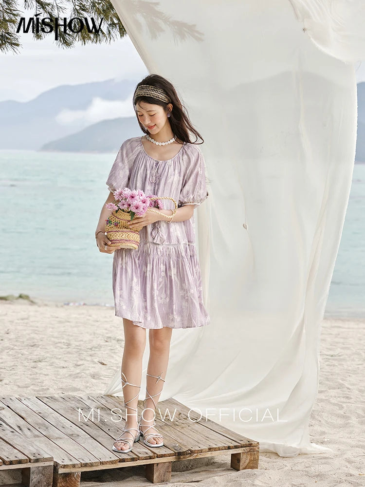 Mishow Print U-Neck Lace Hollow Chiffon Dress MXE32L2164