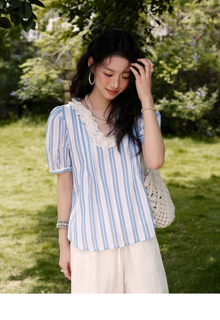 MISHOW Cotton Striped Blouse Lantern Sleeve Lace V-Neck MXE36X1845