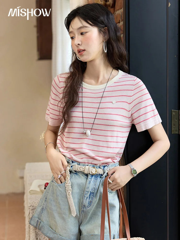 Mishow Striped Contrast Round Neck Tee MXE35Z1270