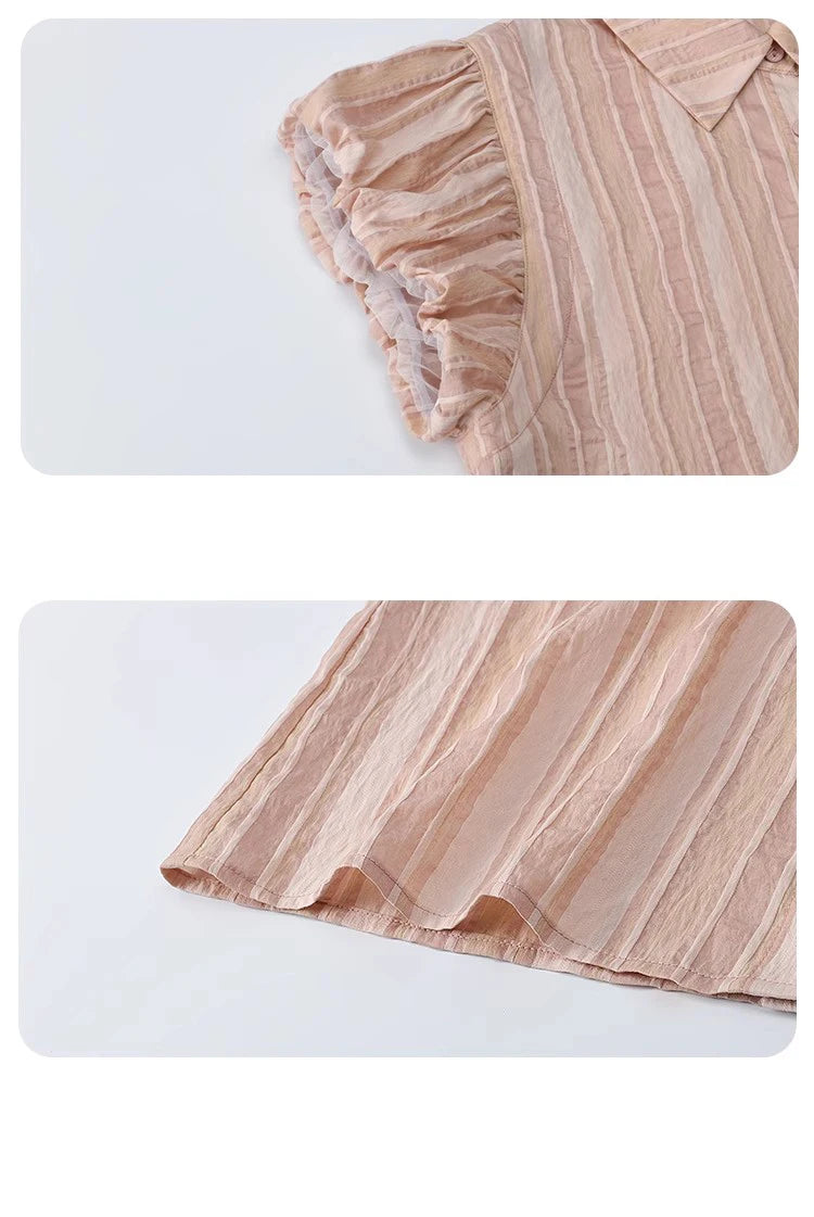 MISHOW Pink Turn-Down Collar Shirt Flower Bud Sleeve Striped MXD24C0204