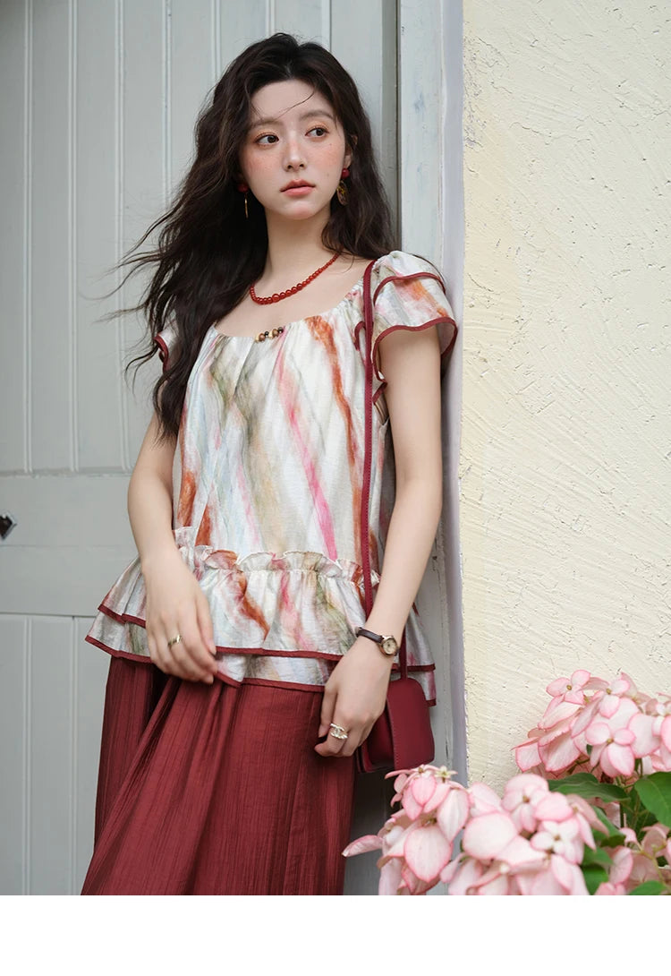 MISHOW Retro Stripe Print Blouse O-Neck Butterfly Sleeve MXE38X1862