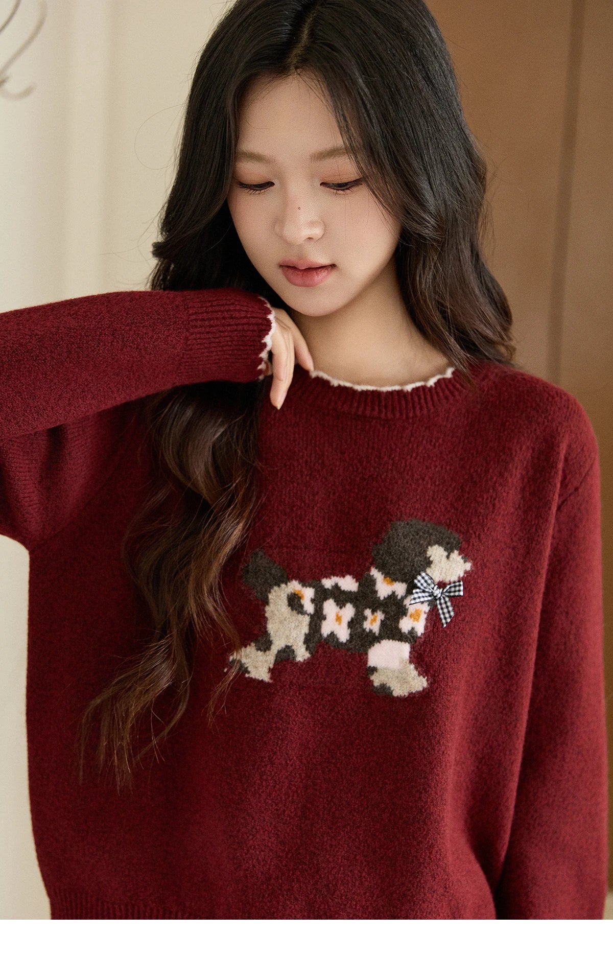 Mishow Burgundy Poodle Pattern Ruffled Trim Pullover MXE93Z2949