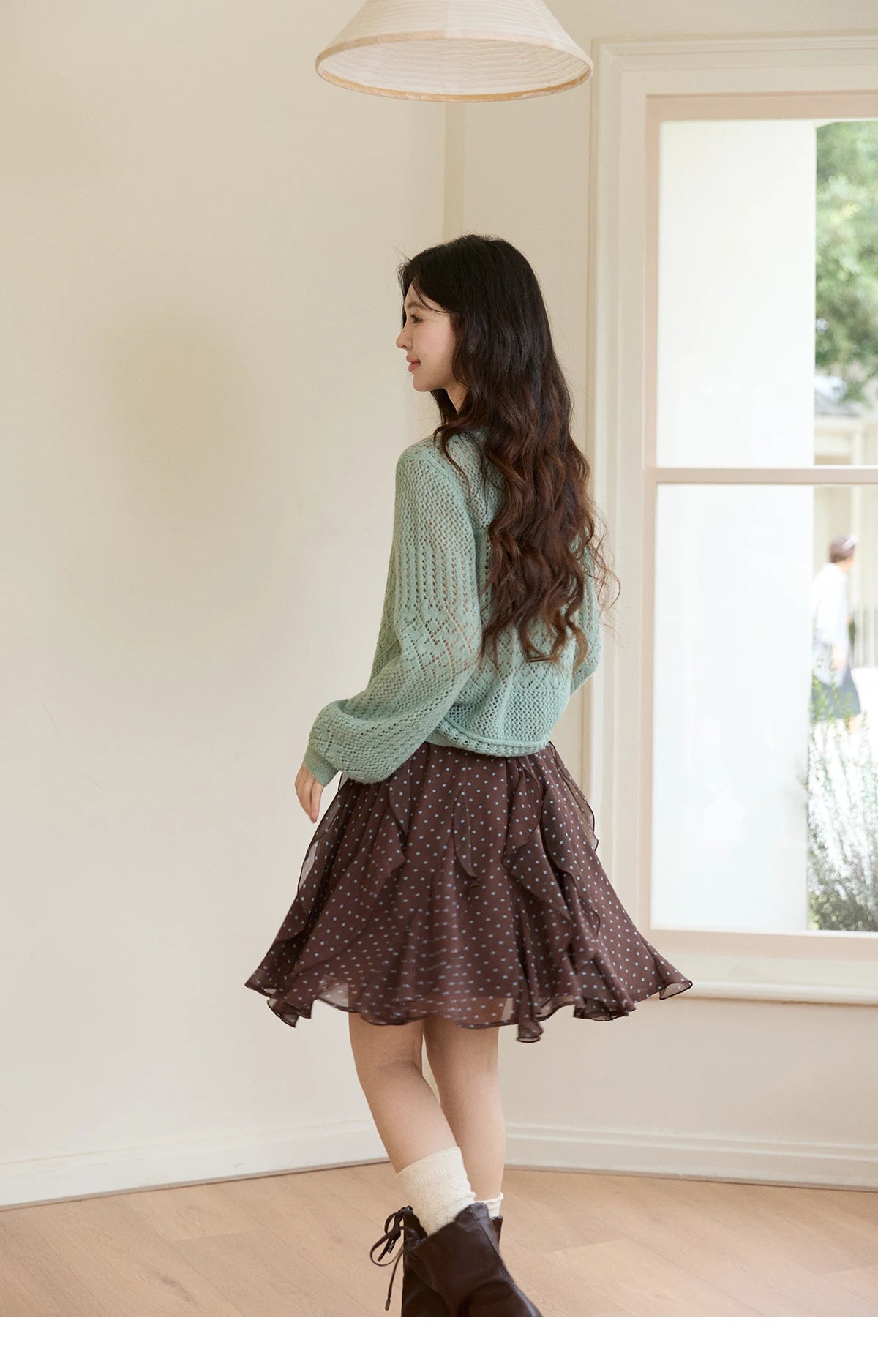 Mishow Brown Polka Dot Ruffled Chiffon Mini Skirt MXF13B2476