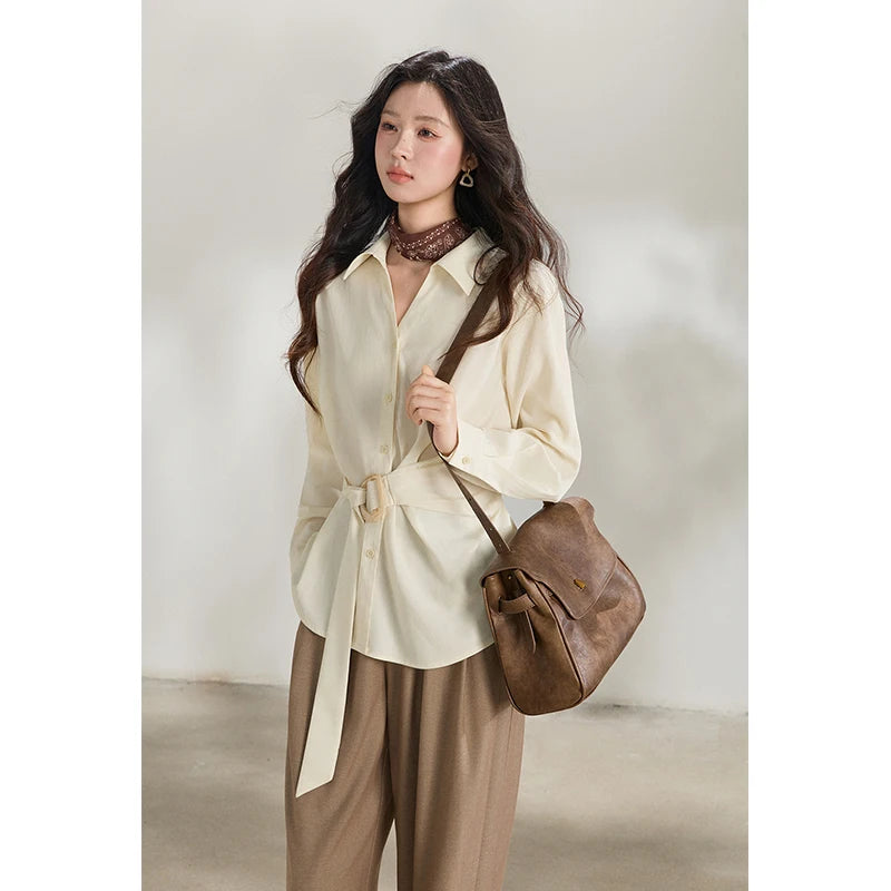 MISHOW Lapel Collar Shirt with Belted Waist Soft Beige MXF13C2452