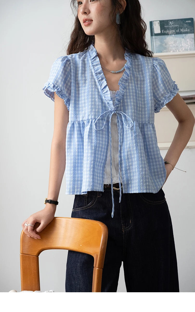 MISHOW Plaid Blue Fake Two Piece Blouse Puff Sleeve V-Neck Lace Up MXE37X1901