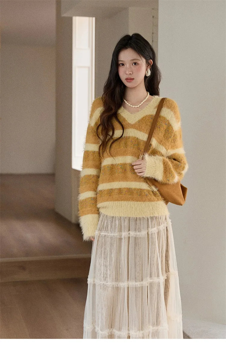 Mishow Retro Yellow Striped Faux Mink Jacquard Sweater MXE87Z2766