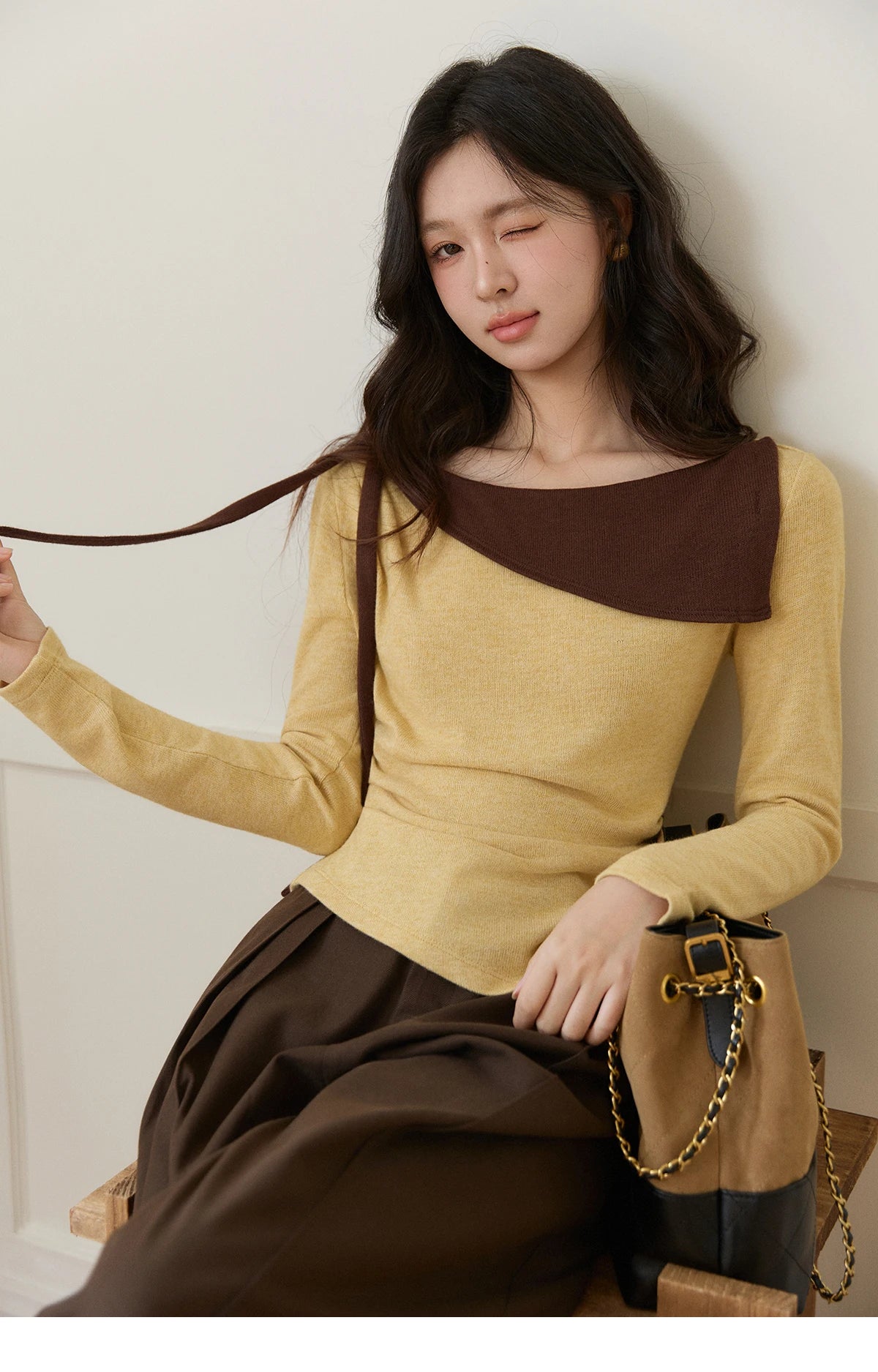 Mishow Yellow Brown Contrast Oblique Collar Knit Top MXF11Z2911