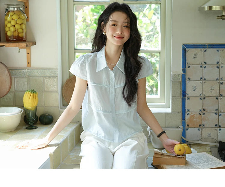 MISHOW Turn-Down Collar Button Shirt Edge Splicing Short Sleeve MXE39C2363