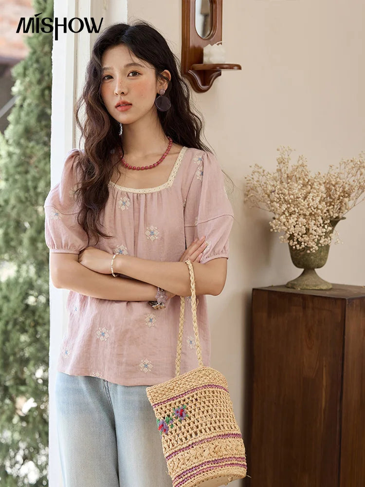 MISHOW Pink Embroidered Linen Blouse Square Collar Lace Patchwork MXE35X1834