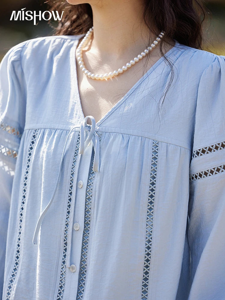 MISHOW Blue V-Neck Shirt Lace-Up Hollow Lantern Sleeve MXE12C0411