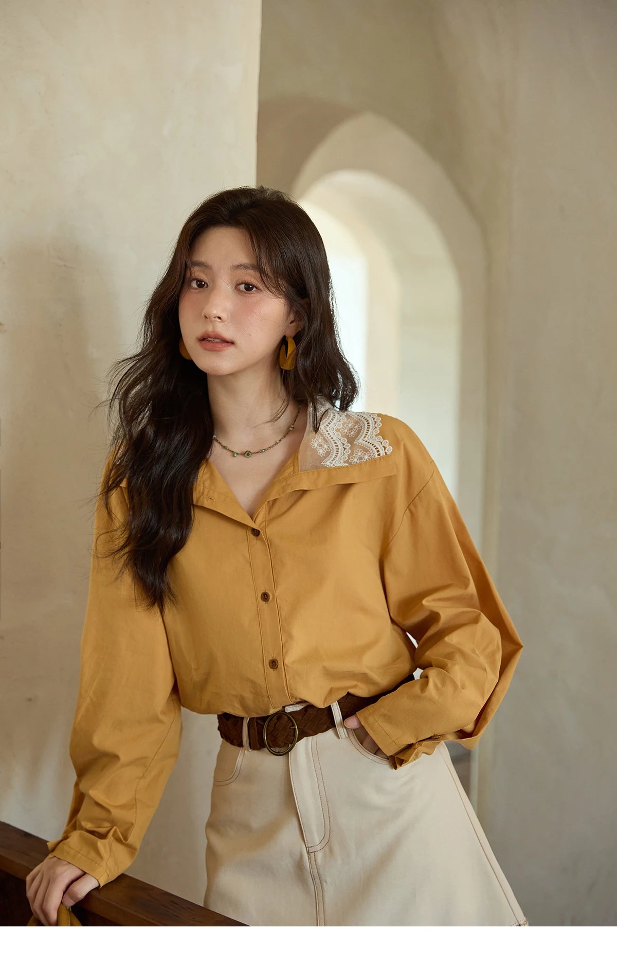 MISHOW Solid Cotton Shirt V-Neck Double Layer Lace MXE41C2366