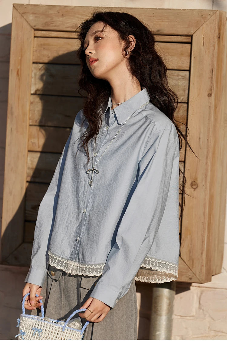 MISHOW Cotton Blue Shirt Hem Lace Lapel Collar MXE12C0410