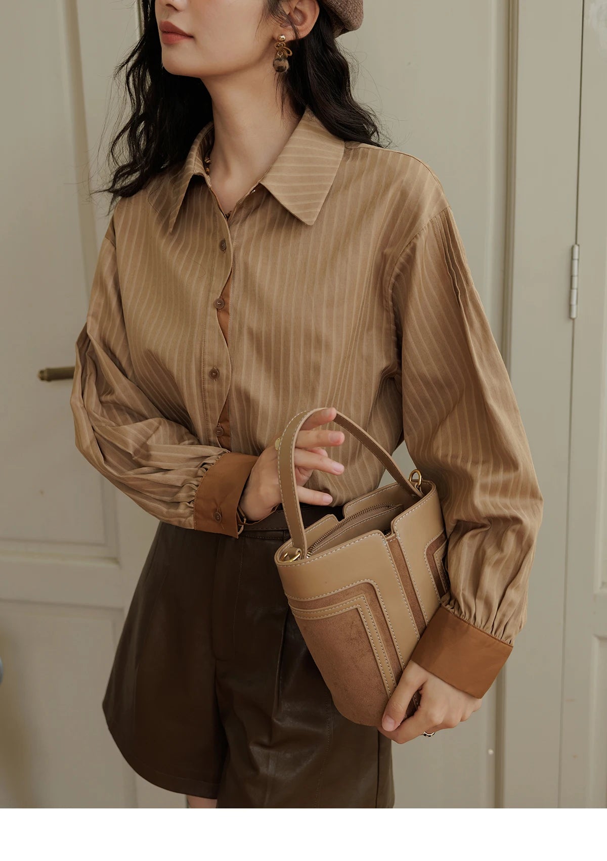 MISHOW Women's Striped Casual Shirt Retro Lapel Contrasting Cuffs MXD42C0301