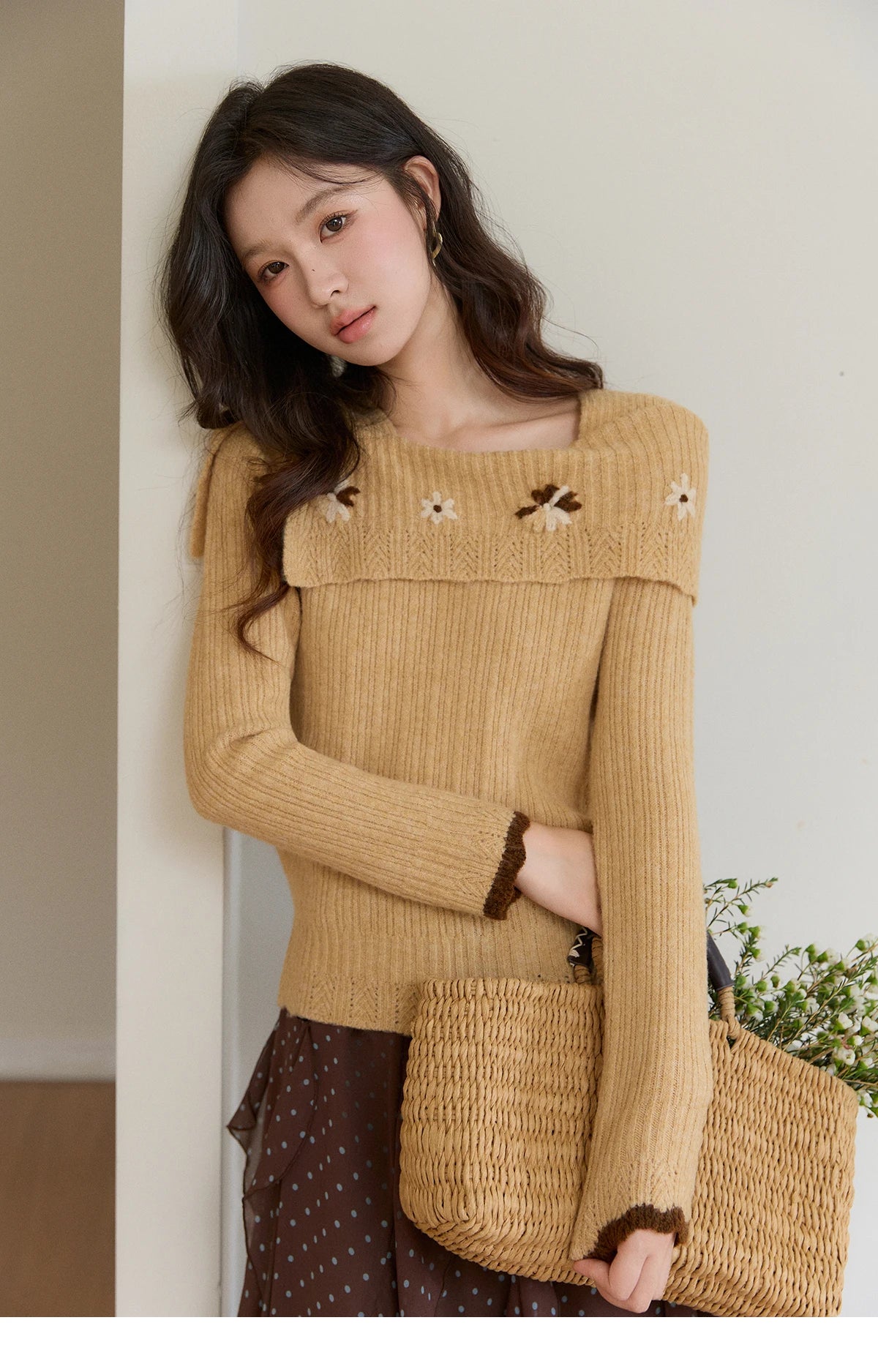 Mishow Yellow One Shoulder Floral Ribbed Sweater MXF11Z2894