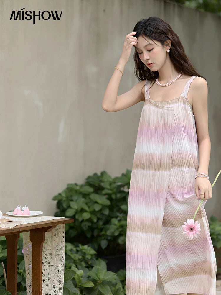 Mishow Pink Striped Sleeveless Irregular Front Dress MXD29L1930