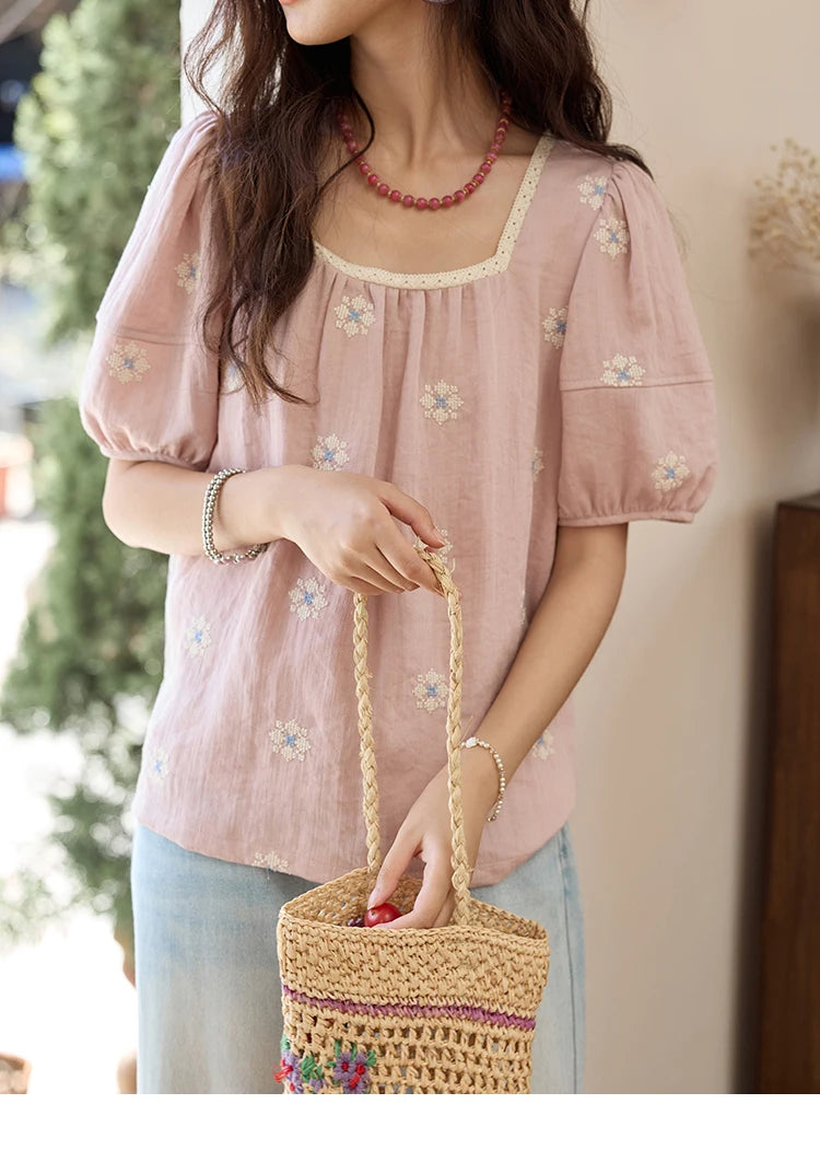 MISHOW Pink Embroidered Linen Blouse Square Collar Lace Patchwork MXE35X1834