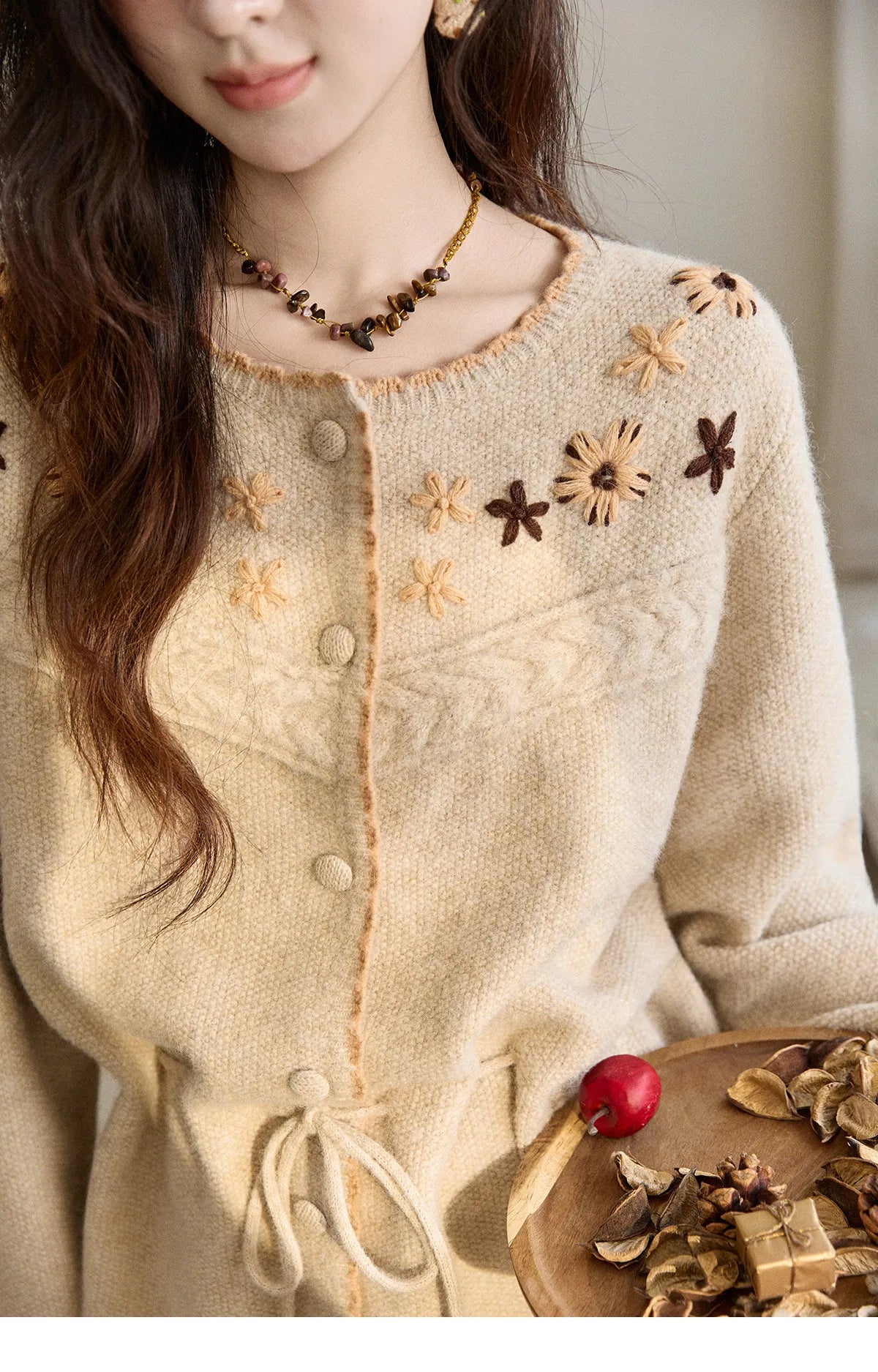 Mishow Apricot Hand-Embroidered Wool Blend Waist Tie Cardigan MXE87Z2702