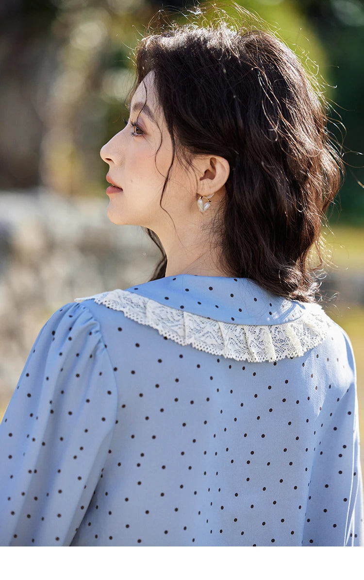 MISHOW Lace Patchwork Polka Dot Shirt V-Neck Hollow Out MXE12X1707