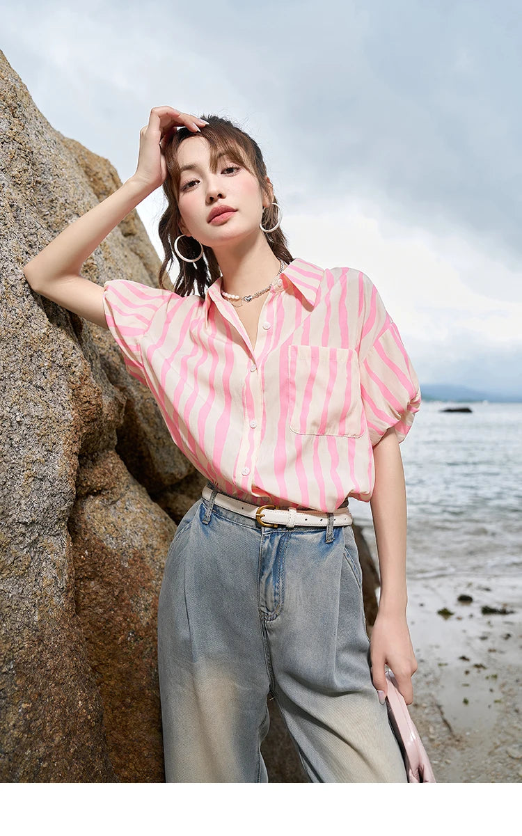 MISHOW Women's Striped Puff Sleeve Polo Neck Shirt MXC38C0072