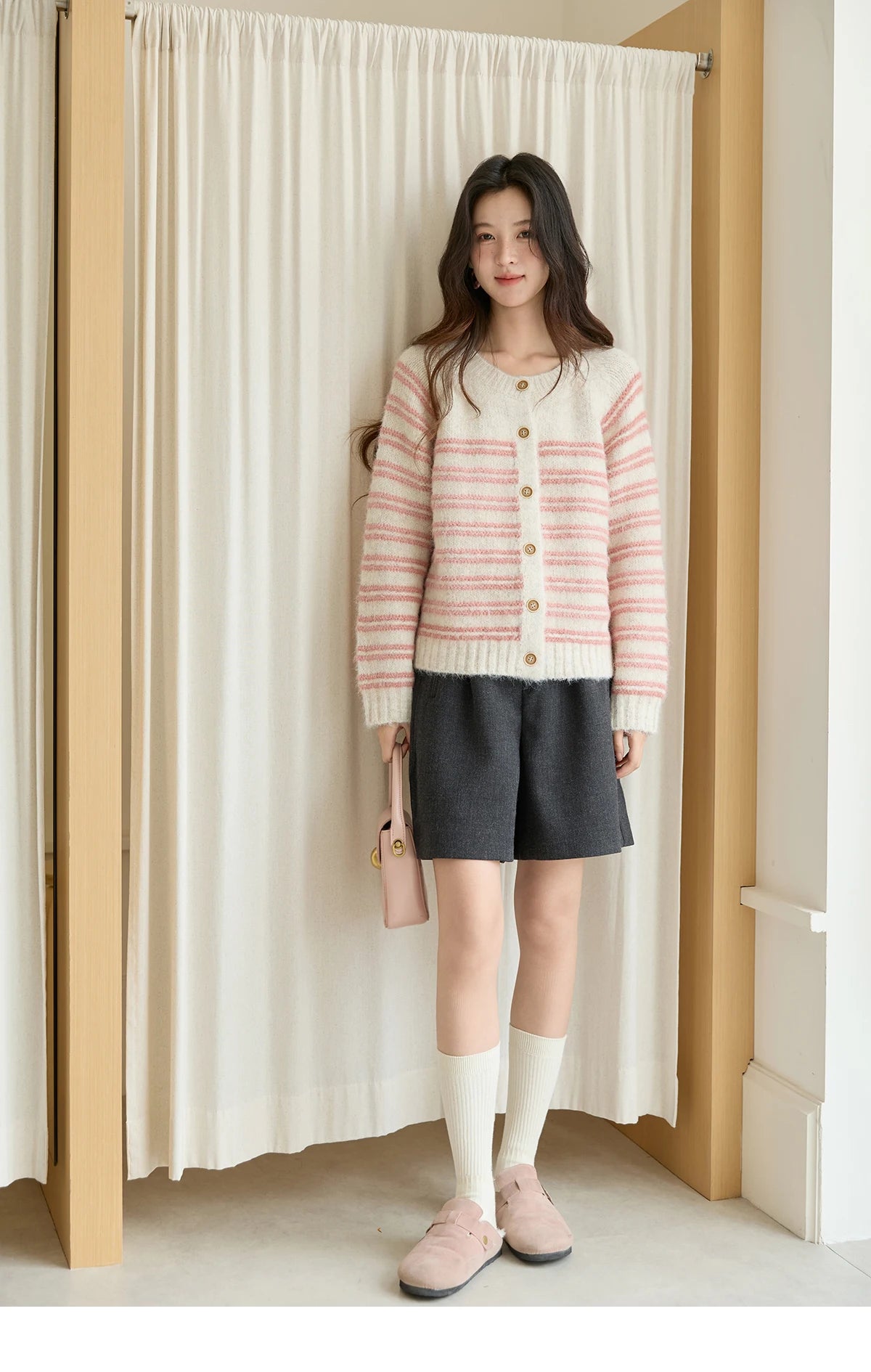 Mishow Pink Striped Wool Blend Cardigan MXE49Z2615