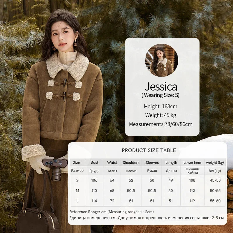 MISHOW Brown Suede Plush Jacket Bull Horn Buckle Spliced MXD36W0500