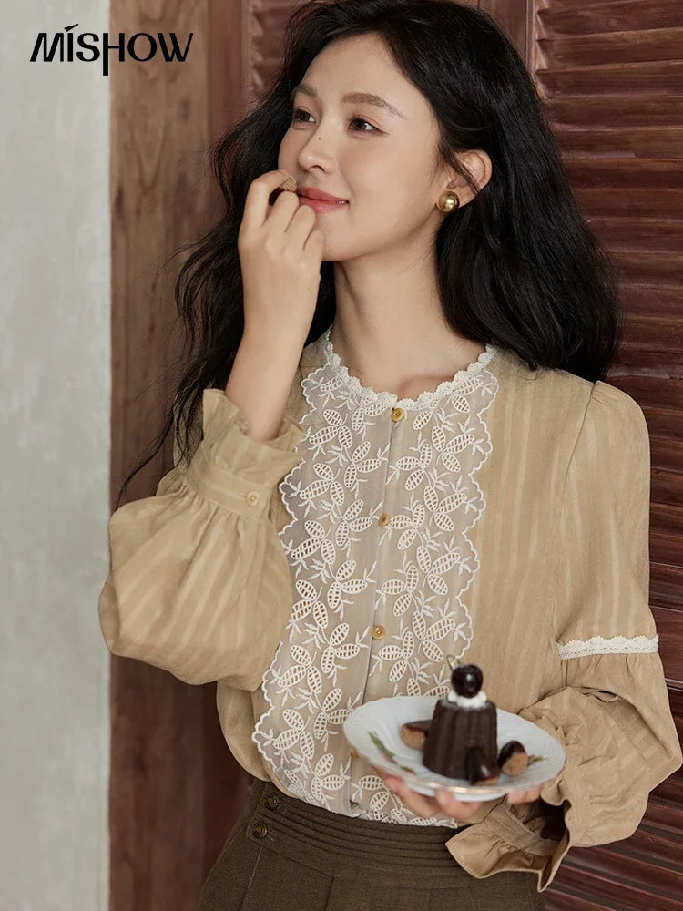 MISHOW Mesh Embroidery Blouse Lace Collar Lantern Sleeve MXD47X1664