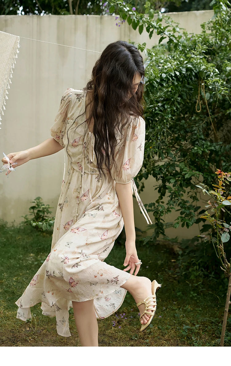 Mishow Butterfly Print V-Neck Lace-Up Bubble Sleeve Dress MXD15L1778