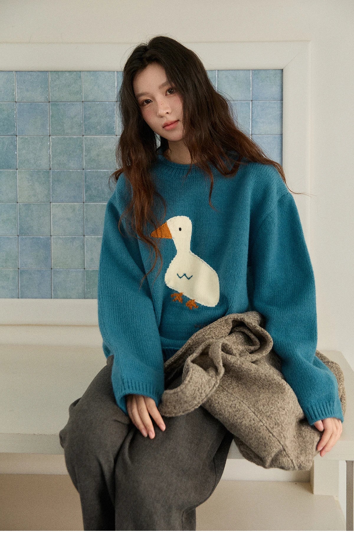 Mishow Peacock Blue Jacquard Loose Sweater MXE86Z2751