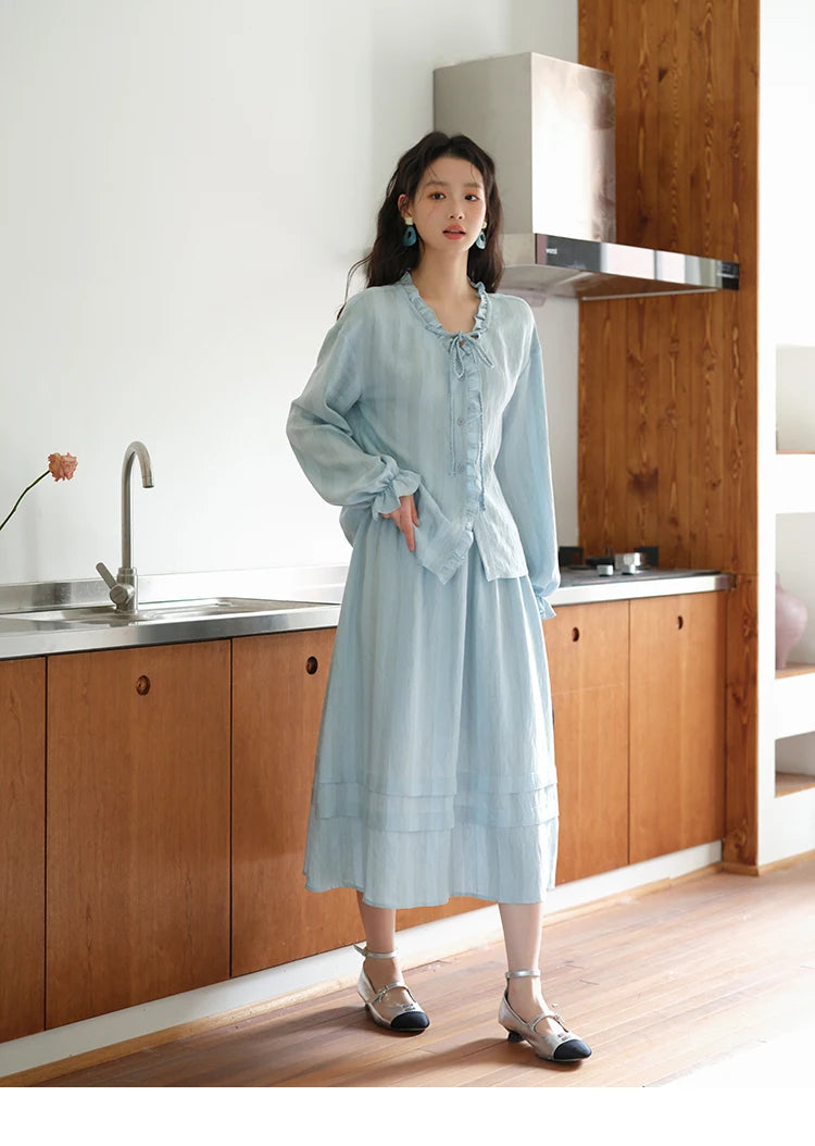 Mishow Light Blue Linen V-Neck Lace-Up Shirt & Elastic Skirt Set MXE41T0700
