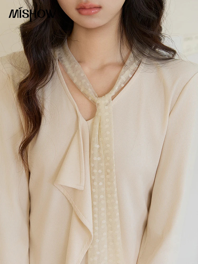 Mishow V-Neck Lace Ribbon Flare Sleeve Top MXF108Z1016