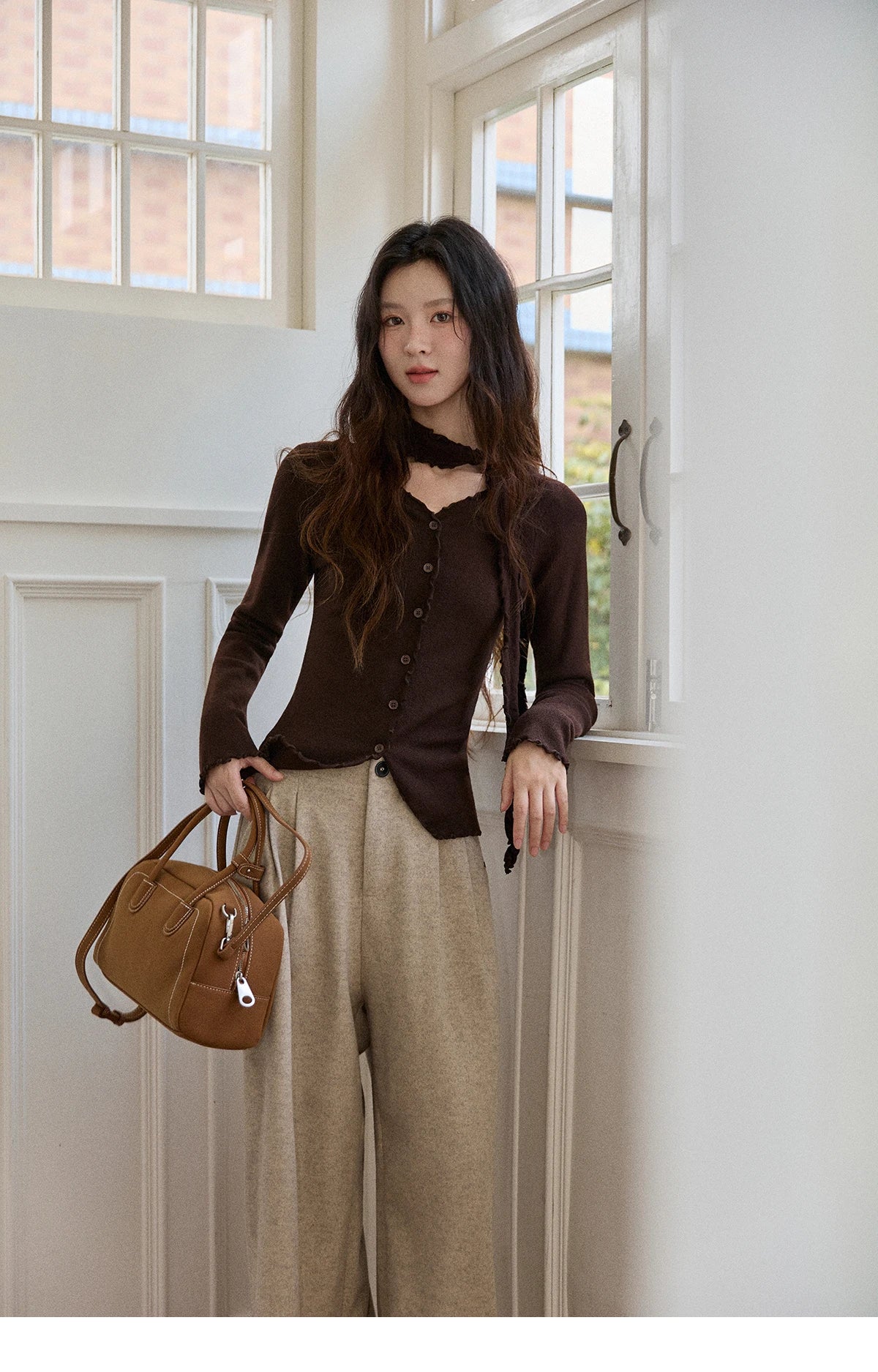 Mishow Ruffled Edge V-Neck Ribbon Knit Pullover MXE86Z2728