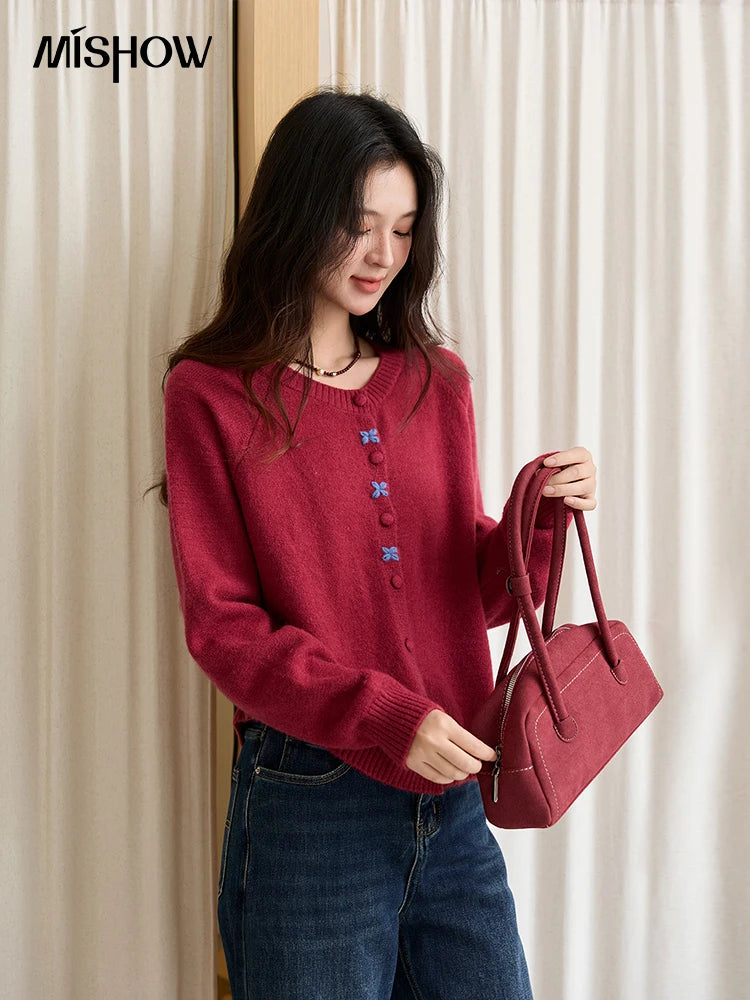 Mishow Red Round Neck Embroidered Cardigan MXE47Z2621