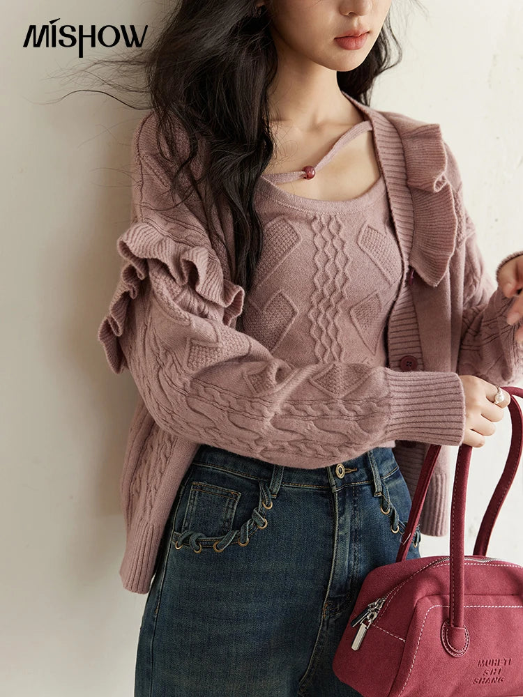 Mishow Pink Asymmetric Flounce Knit Vest Set MXD45Z0781
