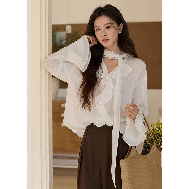 MISHOW Ruffle Trim Chiffon Blouse Detachable Scarf MXF108X0999