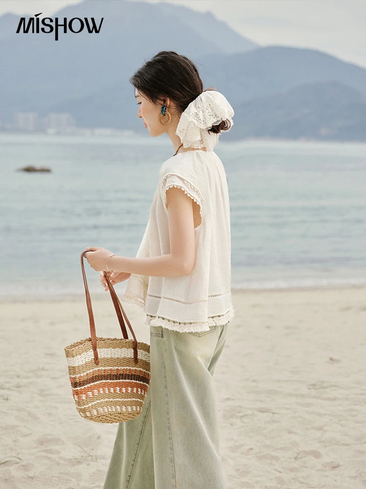 MISHOW Embroidered French Shirt Round Neck Short Sleeve MXE33X1744