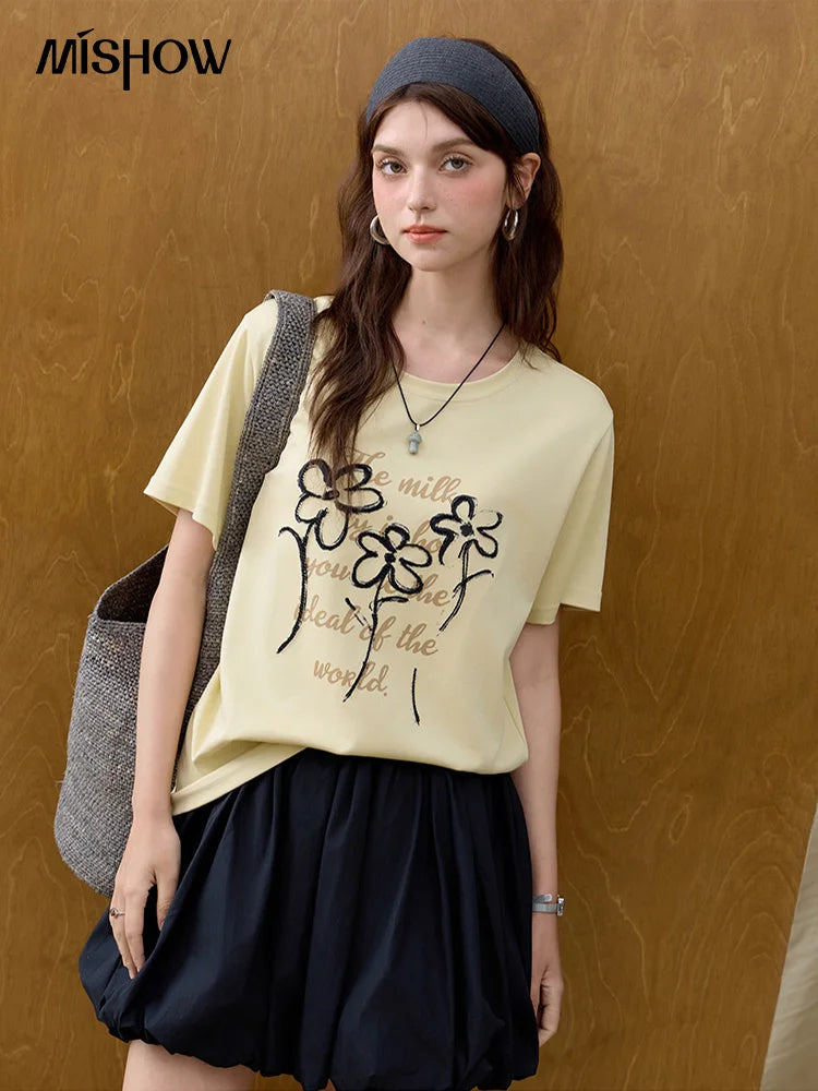 Mishow Embroidered Flower Round Neck Tee MXE33T0498