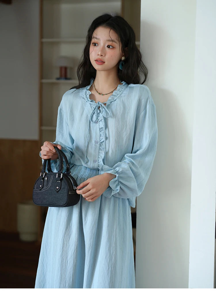 Mishow Light Blue Linen V-Neck Lace-Up Shirt & Elastic Skirt Set MXE41T0700