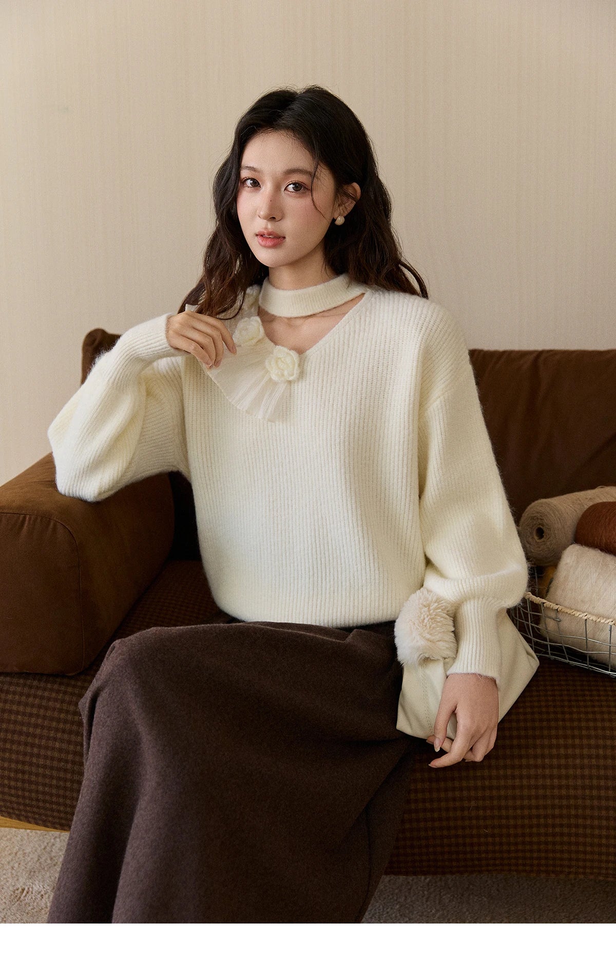 Mishow Cutout Neck Ruffle Flower Lantern Sleeve Pullover MXE94Z2982