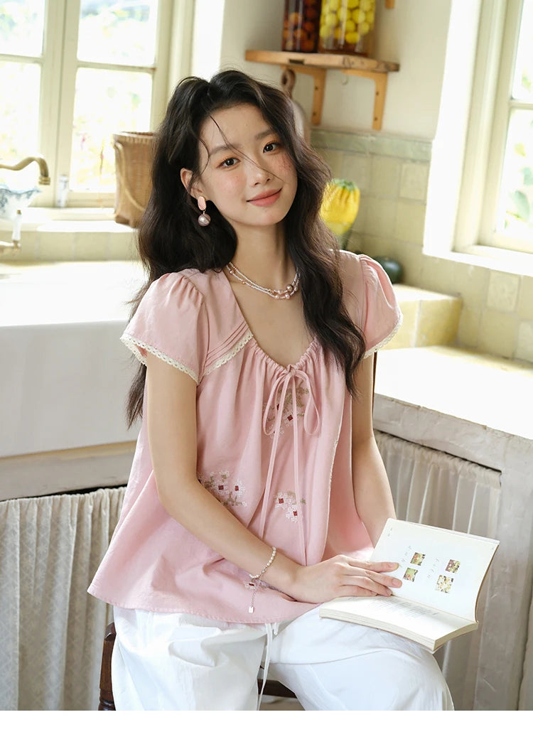 MISHOW Embroidery Flower Blouse O-Neck Lace Up Flying Sleeve MXE39X1880