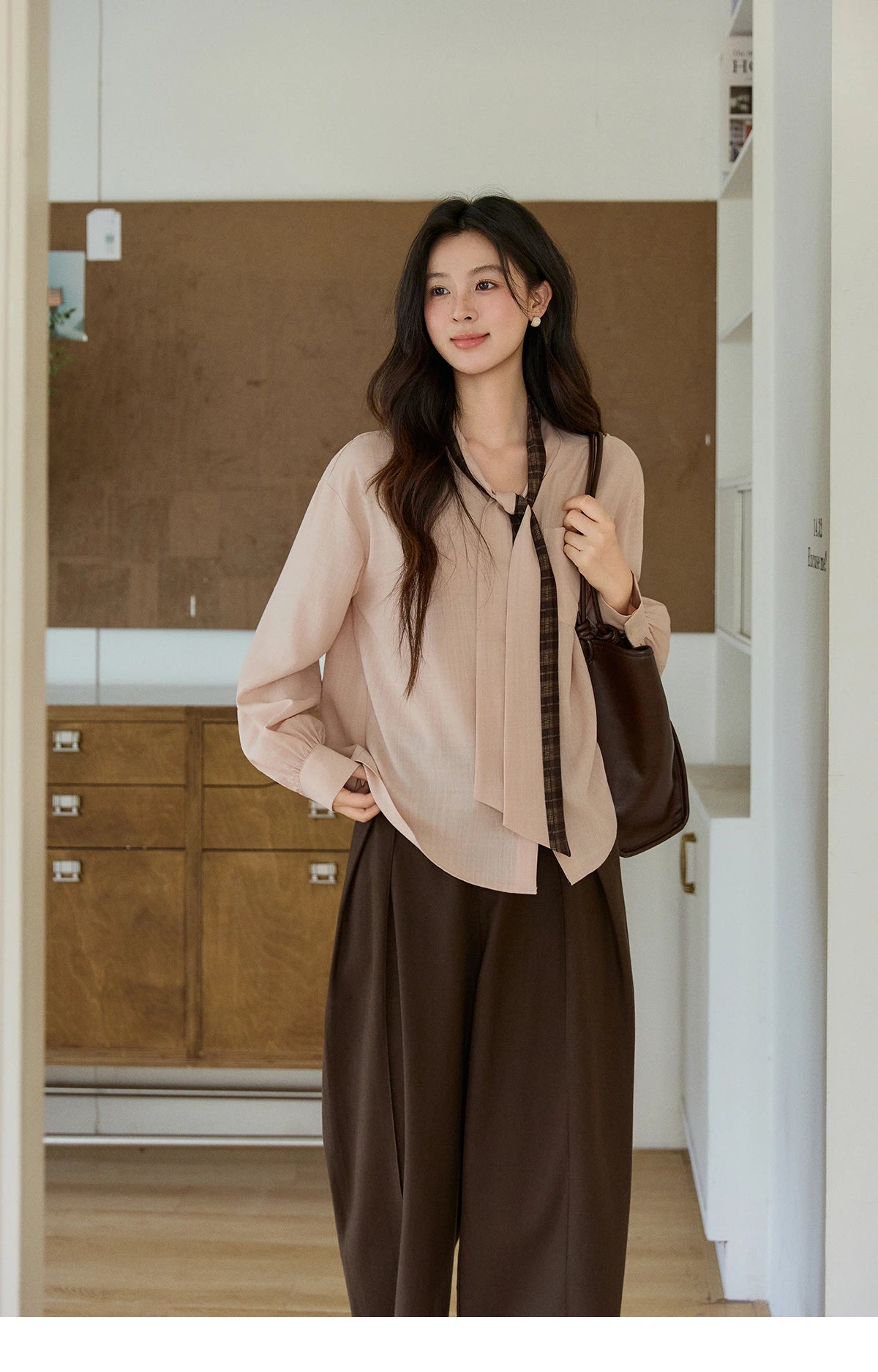 MISHOW Dusty Pink Shirt Plaid Tie Neck Lantern Sleeve MXF108C0817