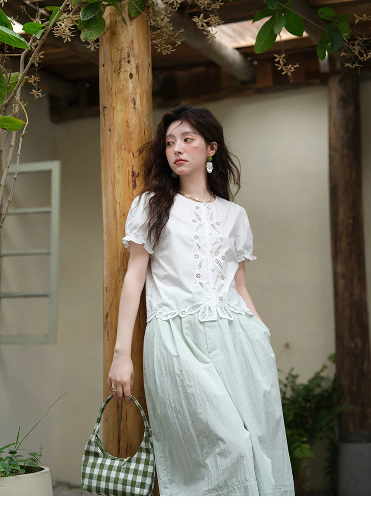 MISHOW 100% Cotton Hollow Embroidery Round Neck Puff Sleeve MXE39X1938