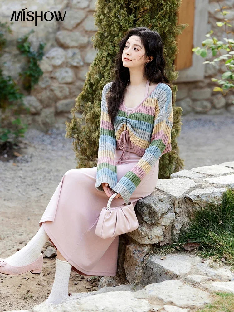 Mishow Colorful Striped Sweater Slim Knit Dress MXE11L2086