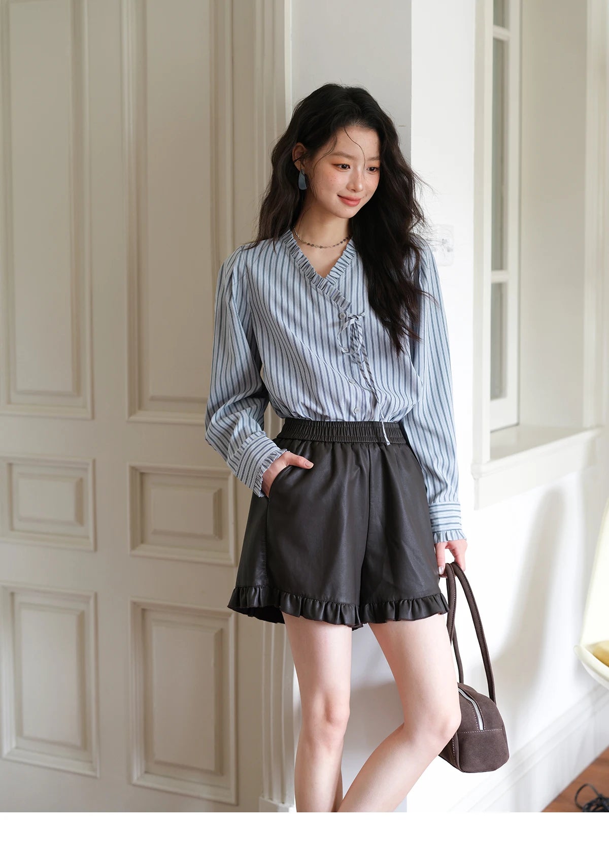 MISHOW Blue Striped Velvet Shirt V-Neck Asymmetrical Lace-Up MXE42X2472