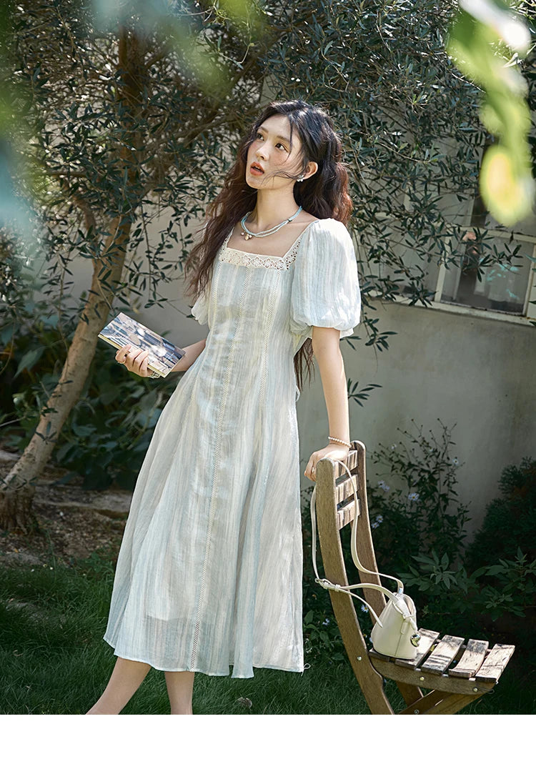 Mishow Striped Square Neck Lace Hollow Dress MXE39L2403