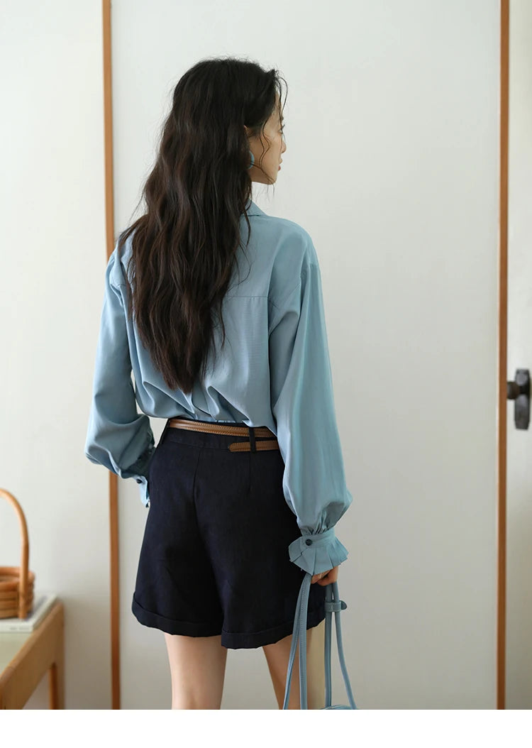 MISHOW Women's Color Block Shirt Pleated Cuffs Lapel Top MXE41C2352