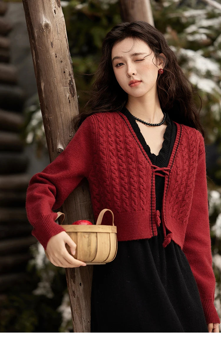 Mishow Red Knitted Cardigan & V-Neck Midi Dress Set MXD58L2085