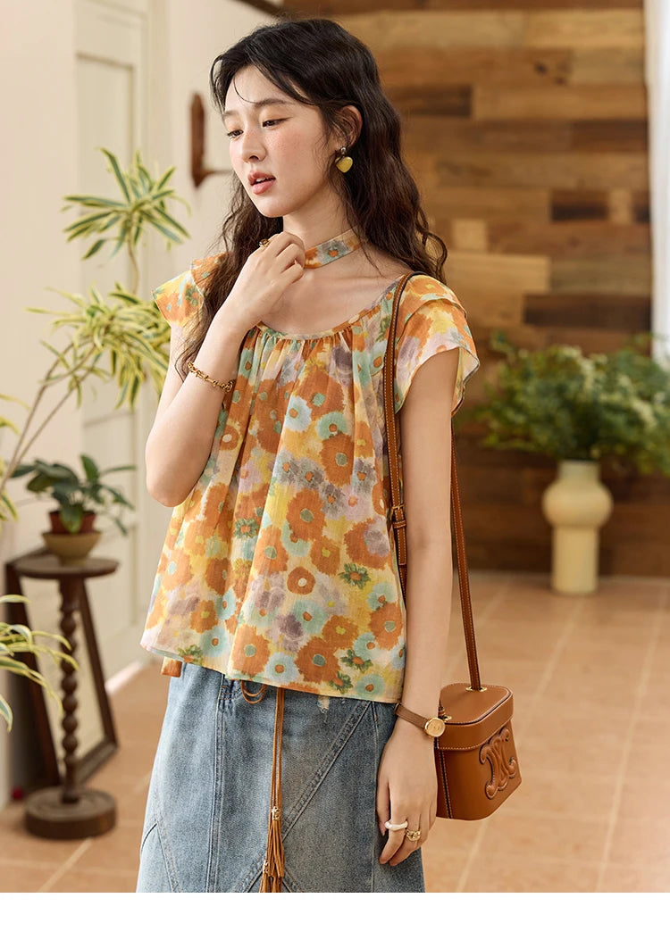MISHOW Cotton Citrus Oil Painting Blouse Flying Sleeve MXE36X1872