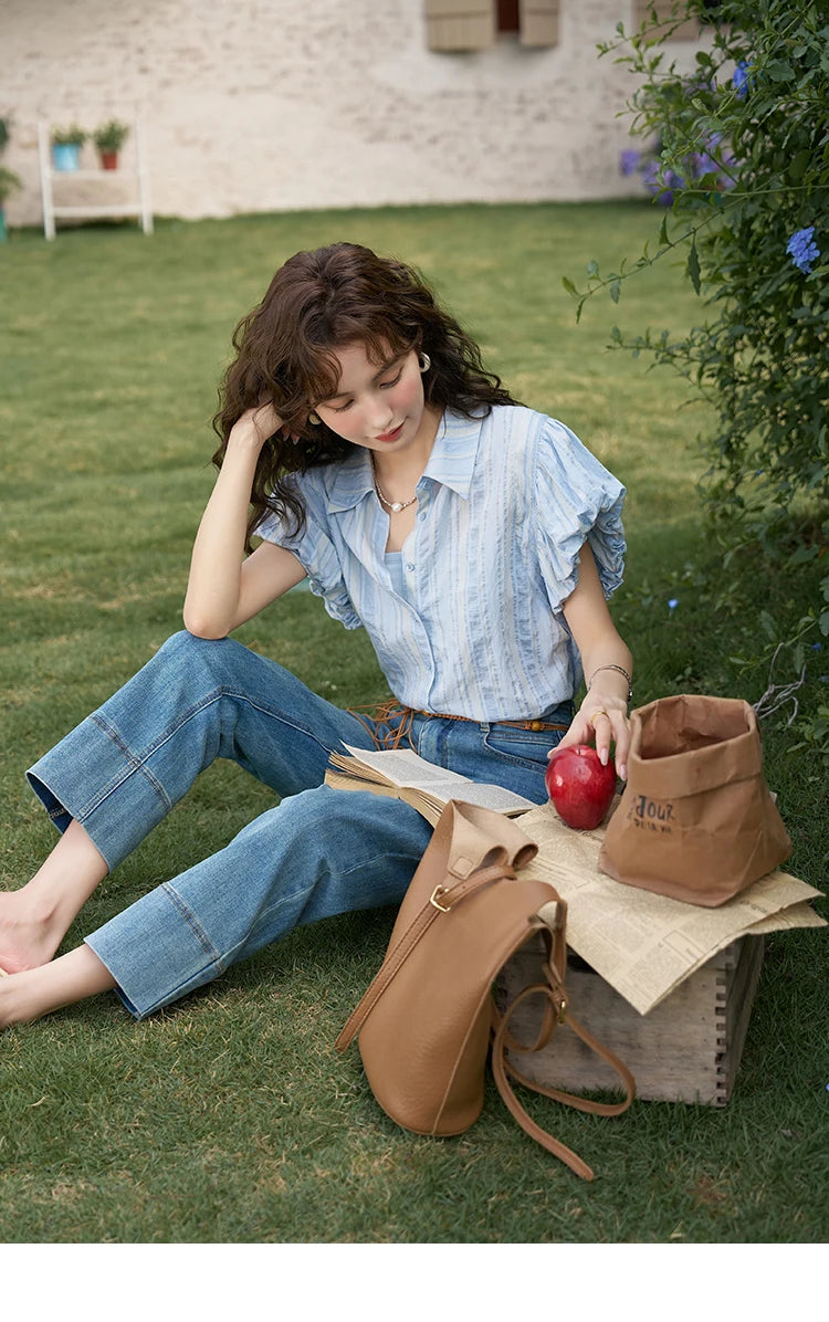 MISHOW Blue Striped Shirt Bubble Sleeves with Tube Top MXD24C0204