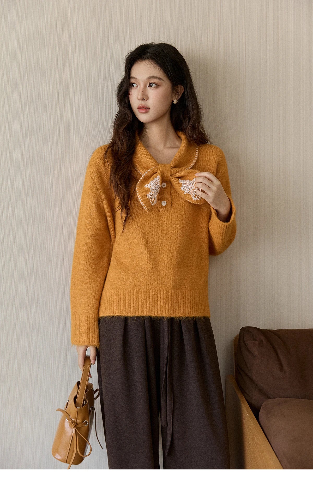 Mishow Yellow Bow Collar Lace Splicing Sweater MXE94Z2971