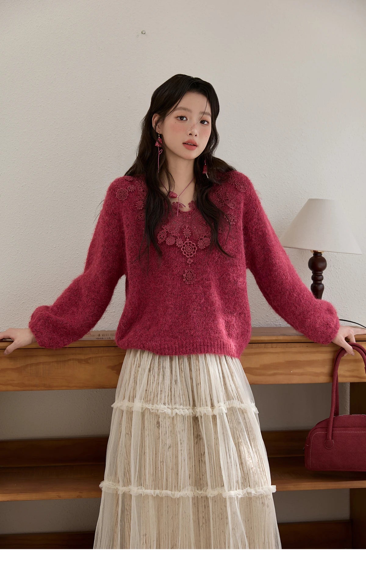 Mishow Pink Lace Wool V-Neck Lantern Sleeve Pullover MXE51Z2632